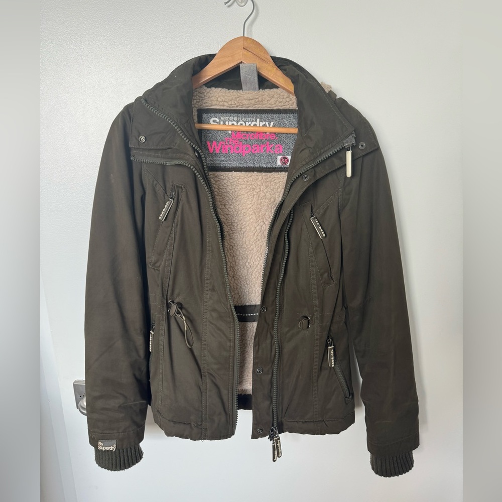 SUPERDRY Microfibre The Windparka Dark Green Cotton Blend Hooded Jacket